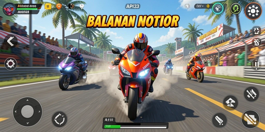 Screenshot menunjukkan balapan seru dengan grafis menakjubkan dan motor yang kencang.
