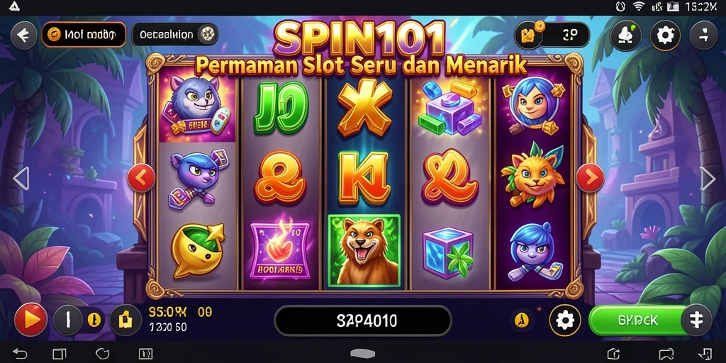 Screenshot menunjukkan mesin slot SPIN101 dengan simbol yang berwarna-warni.